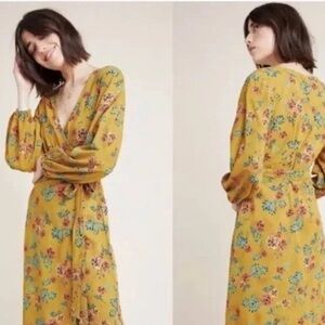 Faithfull the Brand x Anthropology Boho Floral Mustard Yellow Wrap Midi Dress 8